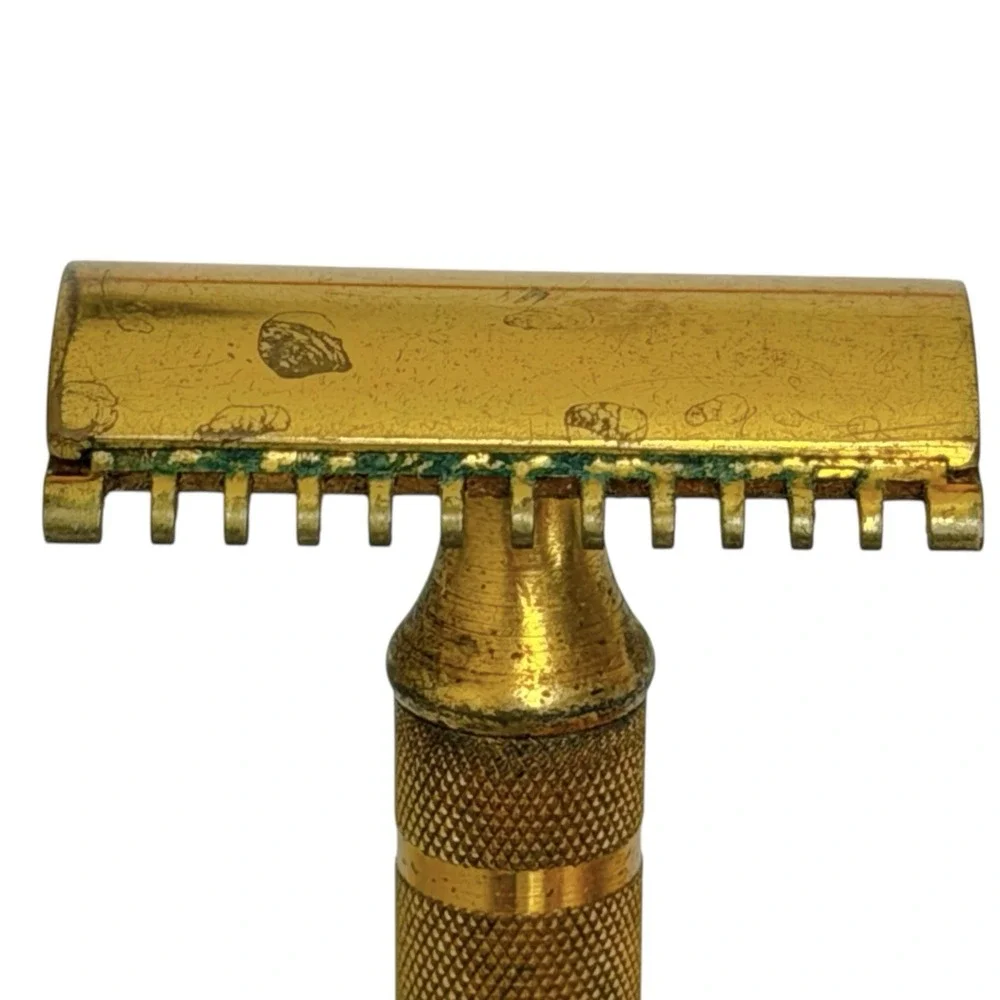 Vintage 1930s Gillette Safety Razor Gold Tone Fat Handle Comb 3-Piece USA
